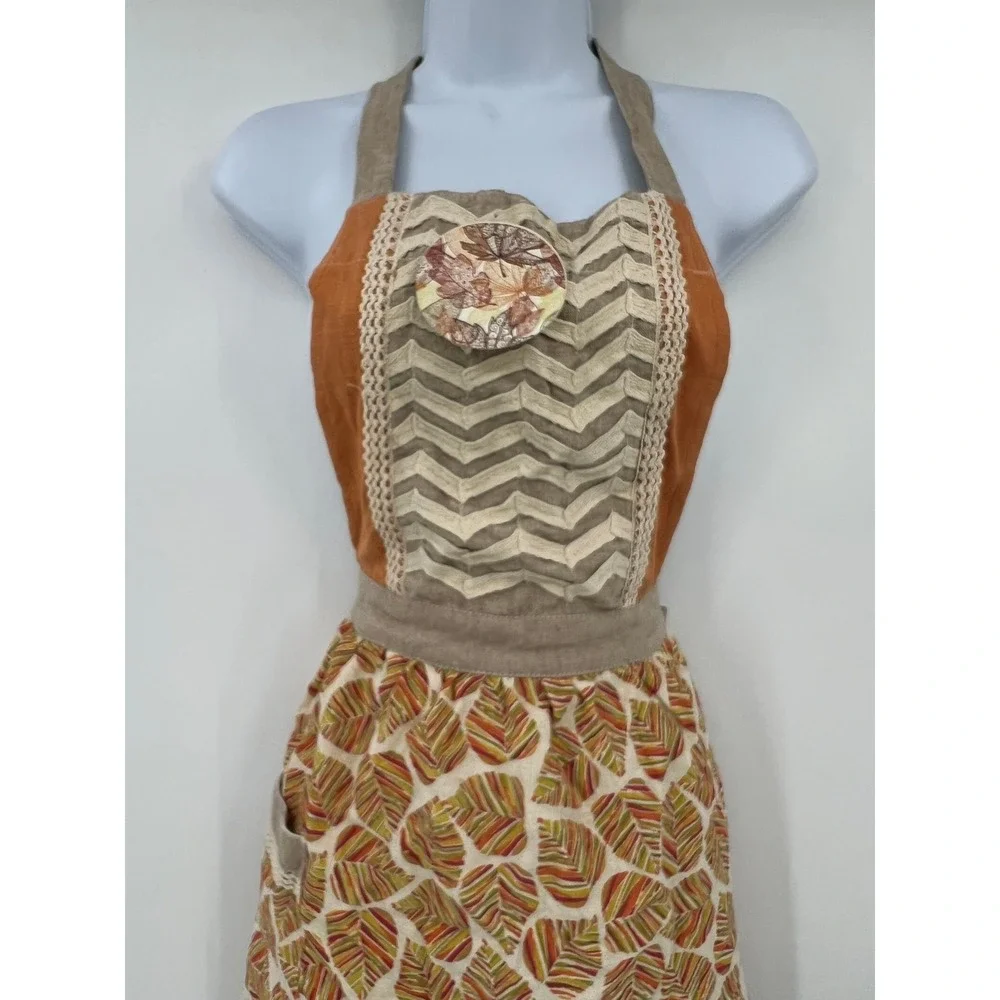 Cynthia Rowley Orange Tan Leaf Print Cotton Bib Apron Crochet Lace Trim NWT